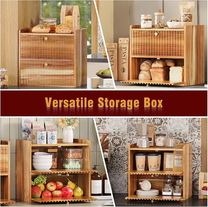 Trironsun Acacia Bread Box for Kitchen Countertop Wood Bread Storage Container Bin Double Layer BreadBox Farmhouse Large Capacity Food Organizer (Acacia Wood) - Image 8