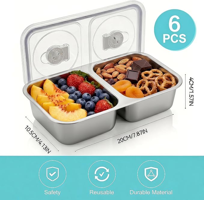 6 Pack Stainless Steel Snack Containers with Lids, 2 Compartment Metal Bento Snack Boxes, Reusable Divided Food Storage Containers for Dry Snacks, Lunch, Office, Travel - Image 4