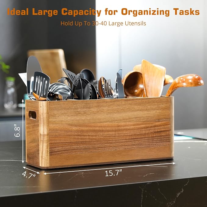 Wooden Utensil Holder for Kitchen Counter, Extra Large Utensil Holder with 4 Compartments for Cooking and Silverware, Kitchen Utensil Organizer Acacia Wood Rustic Kitchen Decor (Brown, 4 Compartment) - Image 2