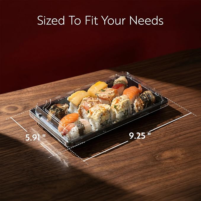 Restaurantware Plastic Sushi Trays 100 Pack of 9.2 x 5.9 x 1.77 Inch With Clear Lids Leak-Resistant Sushi Take Out Boxes Stackable Containers For Grab-And-Go - Image 2