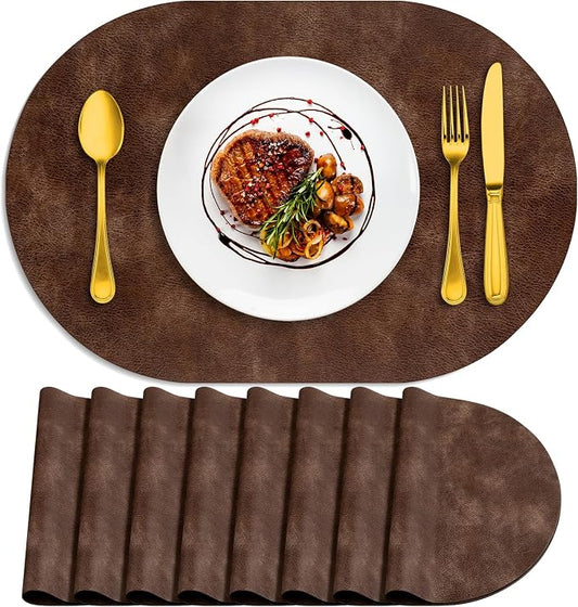 ADRIMER Placemats, Heat Resistant Oval Placemats Set of 8 Washable 12 x 17 Inch, Waterproof Table Mats, Wipeable Pu Place Mats for Kitchen, Dining Room, Brown by Adrimersdreamistobeanindispensablecompanioninyourlife