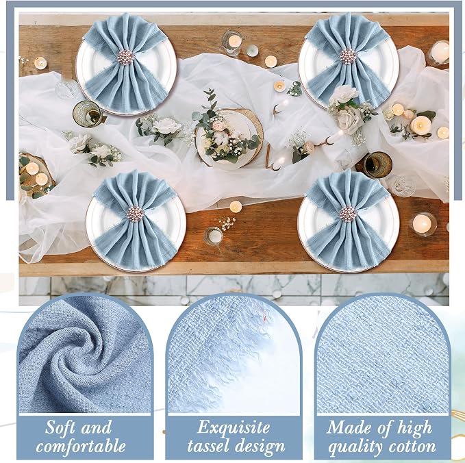 48 Pcs Cotton Linen Cloth Napkins with Fringe 16.5 x 16.5 Inch Square Rustic Dinner Linen Napkins Bulk for Wedding Party Banquet Dinner(Dusty Blue) - Image 3