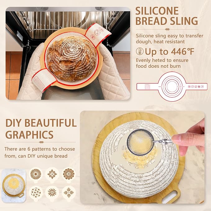 PeacePeo Sourdough Starter Kit 27Pcs with Round and Oval Banneton Basket | Handwoven Rattan Baskets with Linen Liners Scoring Tools and Dough Accessories for Beginners, Home Bakers Making Bread - Image 5