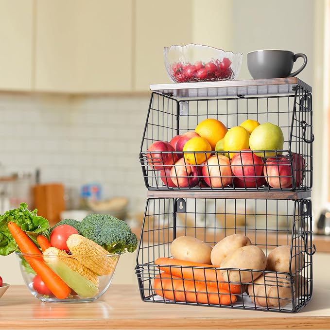 Mefirt 2pcs Fruit Basket Kitchen Storage Basket with Wood Lid | Stackable Wall Fruit Basket for Kitchen, Countertop Organizer for Snack, Fruit and Veggie Storage, 11.8 x 7.9 x 8.5 Inch - Image 7