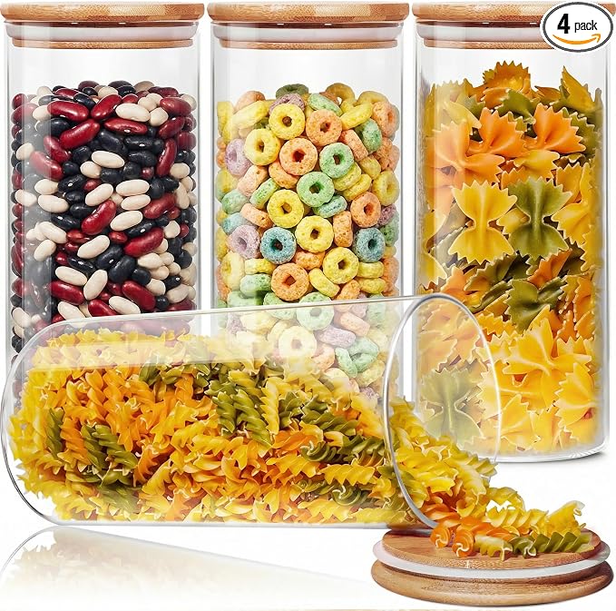 HomArtist Glass Jars with Bamboo Lids 53 FL OZ [Set of 4], Glass Canisters with Airtight Lids, Glass Food Storage Containers for Pasta, Oats, Coffee, Flour, Sugar, Rice, Best for Kitchen & Pantry by HomArtist