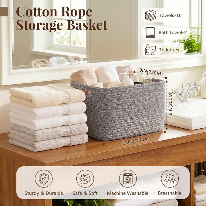 OIASKET 4Packs Natural Cotton Rope Storage Baskets for Organizing Toys, Clothes, Towels & Books, Soft Versatile Organizers for Shelves, Home Decorative Bins, 13''Lx9''Wx7.8''H, Grey - Image 2