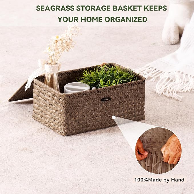 Nonam Storage Basket with Lid, Natural Seagrass Bin with Lid Set of 2, Shelf Baskets Multipurpose Container for Boho Decoration, Rectangular Household Storage Boxes for Home Organization-Coffee - Image 5