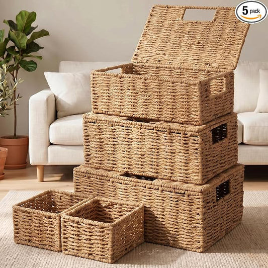 Yookeer 5 Pcs Woven Paper Rope Storage Baskets with Lid and Handles, Natural Color Large Storage Organizer with Labels, Stackable Rectangular Boho Decorative Baskets for Toys Shelves Bedroom by Yookeer