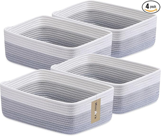 MiniArk Large Shallow Organizing Baskets 15x11x5.1 Inches - Rope Woven Storage Bins for Bathroom, Shelves, Cube Closet, Gradient Grey 4 Packs by MiniArkStorageBasketsHome