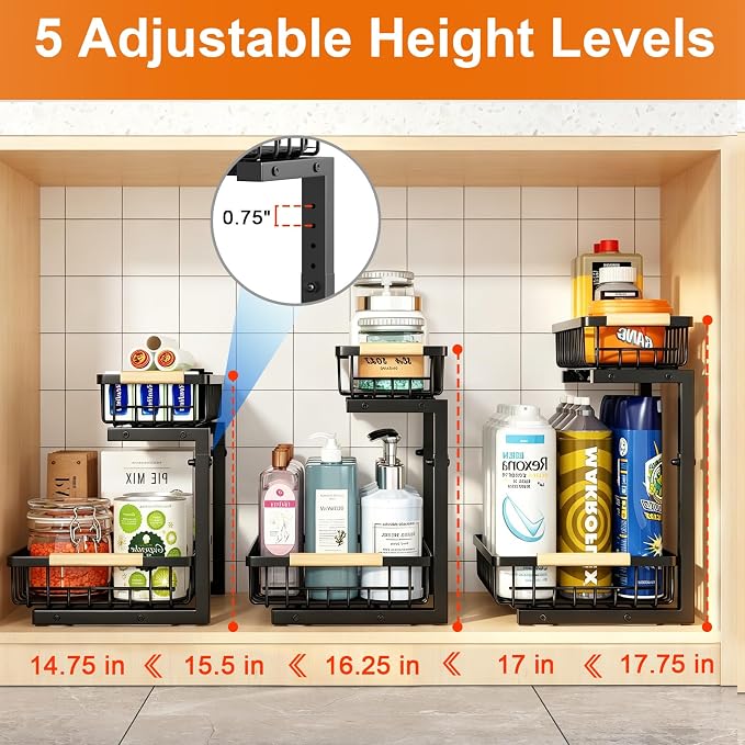Under Sink Organizer, Adjustable 2 Tier Pull Out Kitchen Bathroom | cabinet organizer, 5 level adjustable, quiet sliding rails, dual suction and nano tape, no drill, rust resistant holds 50 lbs - Image 5