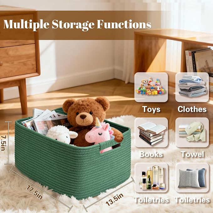 4 Pack Large Storage Basket for Organizing, 17.5"x13"x7" Woven Basket for Shelves, Closet Cube Storage Bins with Wrapped Handle, Cotton Rope Baskets for Kitchen, Clothes, Toys(Green) - Image 2
