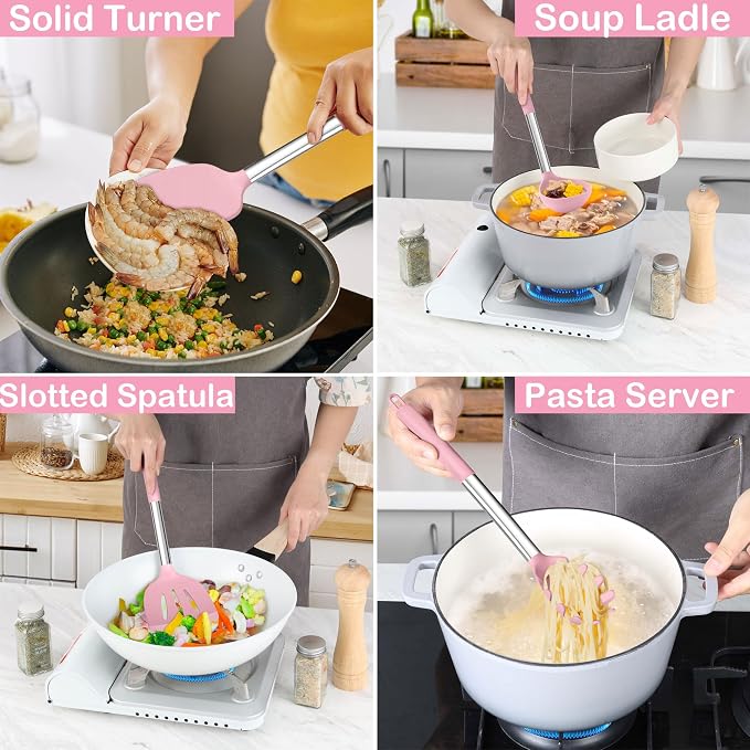 LIANYU 15 Piece Cooking Utensils Set with Stainless Steel Handle, Silicone Kitchen Gadgets with Holder, Heat Resistant Spatula Spoon Turner Tong Whisk Brush Tools for Cooking, Dishwasher Safe, Pink - Image 4