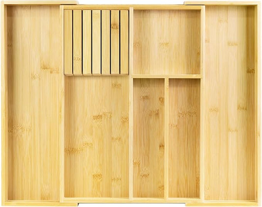 VaeFae Bamboo Silverware Drawer Organizer, 6 Slots, Natural | Expandable, Kitchen Utensil Organizer, Removable Knife Block, Cutlery Tray with Divider, Fork and Spoon Holder by VaeFaeDirect