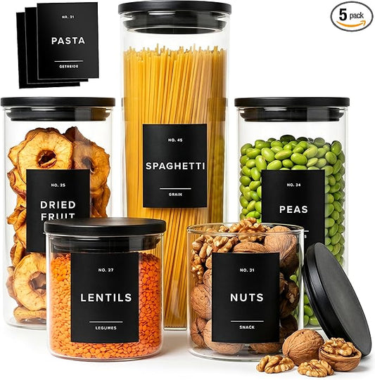 Glass Storage Containers with Black Lids [Extra Thick Glas] with 54 Labels - Canister For Pantry Noodles Flour Cereal Rice Sugar Tea Coffee Beans - Round Set of 5x by EDELHAUS
