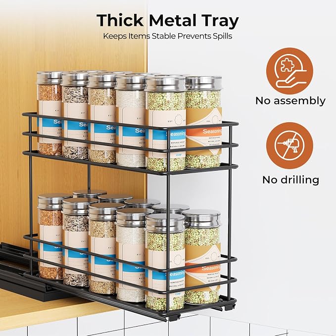 Mystozer Pull Out Spice Rack Organizer for Cabinet, Slide Out Spice Racks, Easy to Install, 4.33" Wx10.43 Dx8.66 H, 1 Drawer 2 Tiers(Black) - Image 4
