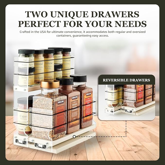 Combo Spice Rack Drawer - Pull Out Pantry Organizers and Storage - Kitchen Cabinet Organizer - Seasoning Sliding Caddy - Made in USA (5.75" W x 10.75" H x 10.60" D, Assembled) - Image 3
