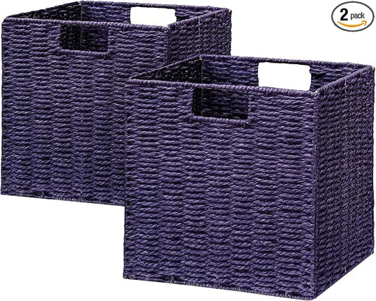 Wicker Storage Basket, Set of 2 Hand-Woven Wicker Basket, 11 inch Storage Basket, Foldable Cube Storage Organizer Bins, Storage Baskets for Organizing Shelves Decor, Purple (11″×11″×11″) by Vagusicc