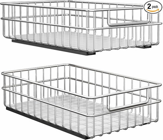 Pull out Cabinet Organizer, Stainless Steel 2-Pack (9.8"W x 16.5"D) Full-Extension Slide out Drawer, Adhesive Roll out Can Spice Storage Basket Shelf Rack for Pantry, Kitchen, Bathroom, Home Closet by Kitstorack