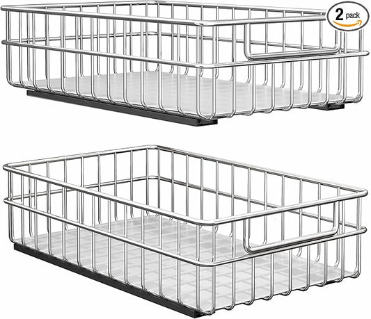 Pull out Cabinet Organizer, Stainless Steel 2-Pack Slide out Drawer with Silent Full-Extension Slides, Adhesive Roll out Can Spice Storage Basket Shelf Rack for Pantry, Kitchen, Bathroom, Home Closet by Kitstorack