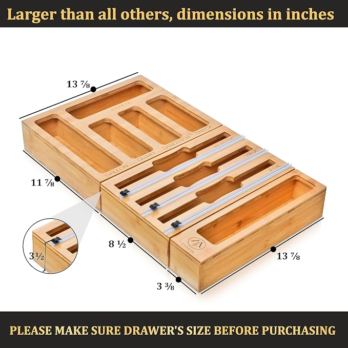 9 in 1 Bamboo Drawer Organizer for Kitchen — Zip Top Bag, Foil and Plastic Wrap Storage with Chalkboard Labels, Fits Gallon Quart Sandwich Snack Bags, Pantry Organization - Image 2