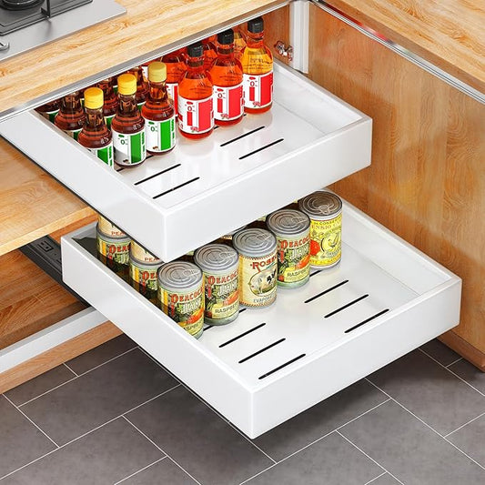 Pull out Cabinet Organizer, 21"Deep, Heavy Duty Full-Extension Slide out Drawers for Kitchen Cabinets with Nano Adhesive, Roll Out Shelf Sliding Cabinet for Pots, Bathroom, Pantry, Under Sink, White by Kitstorack