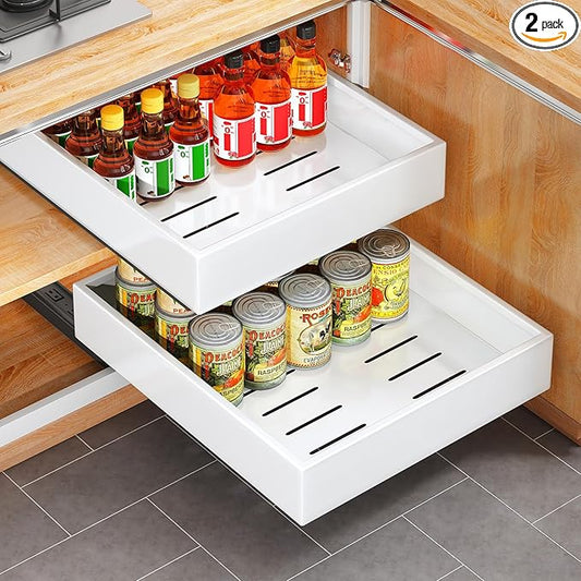 2Pack Pull out Cabinet Organizer, 21"Deep, Heavy Duty Full-extension Slide out Drawers for Kitchen Cabinet, Roll out Shelf Storage with Nano Adhesive for Pots, Bathroom, Pantry, Home, White by Kitstorack