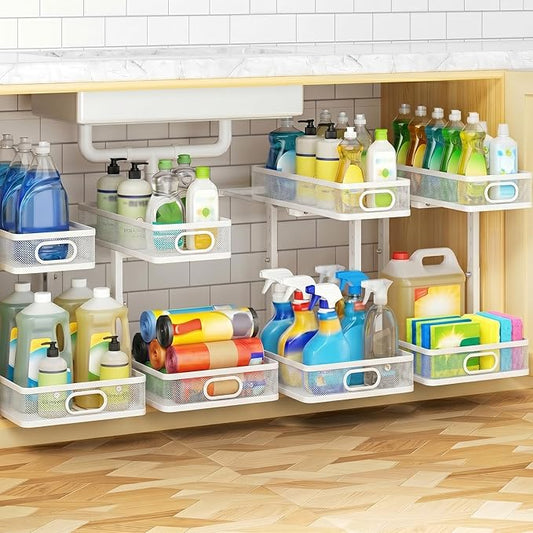 Under Sink Organizer 4-Pack, Metal 2-Tier Pull-Out Cabinet Shelf with Slide-Out Mesh Drawers, Height Adjustable, Space-Saving Storage Racks for Kitchen, Bathroom, Laundry Room, White by AURIKAR