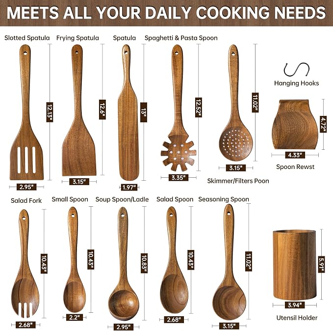 12 PCS Natural Acacia Wooden Utensil Set Wooden Spoons for Cooking | Non-Toxic, Nonstick Safe, Sturdy & Easy to Clean, Comes with Holder, Spoon Rest & 6 Hooks, Perfect Practical Kitchen Gift - Image 5