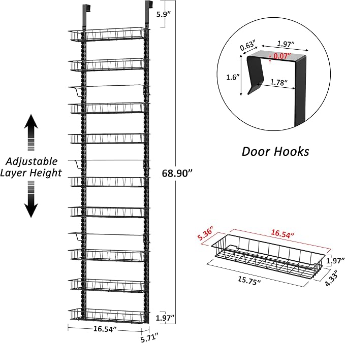 Churboro 9 Tier Over Door Pantry Organizer, 2-in-1 Adjustable Spice Rack | Metal Pantry Door Organizers and Storage, Hanging or Wall Mount Shelves with 9 Adjustable Baskets, 3 Safety Bars, Black - Image 2