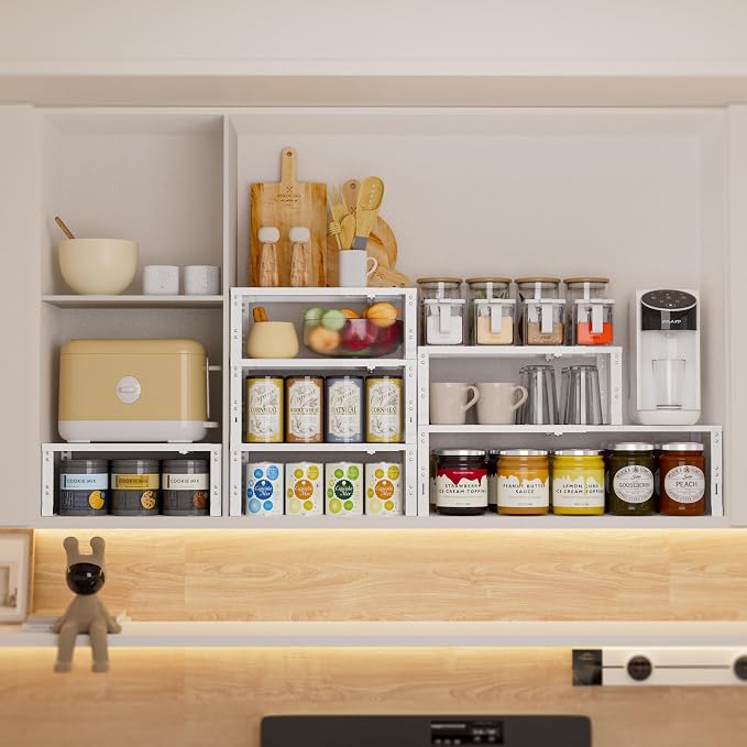 Expandable Spice Rack,Stackable Storage for Cabinet, Multi-Functional Kitchen Shelving,Height-Adjustable,Sustainable Organizer Solution(3Packs/White/Large) - Image 4