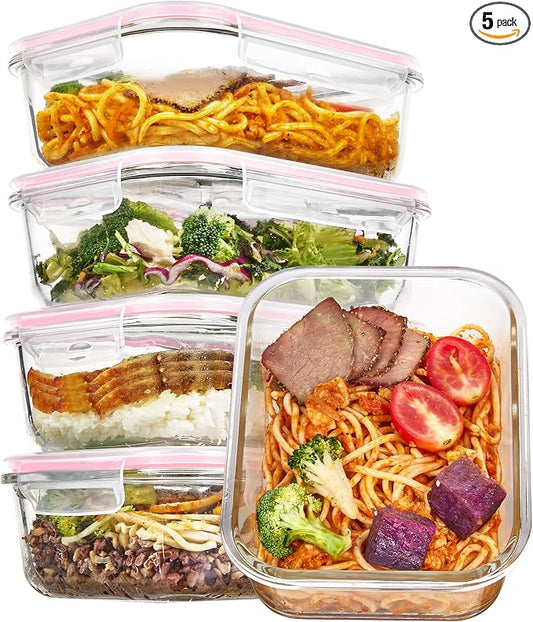 Vtopmart 5 Pack 35oz Glass Food Storage Containers with Lids, Pink | Meal Prep Containers, Airtight Reusable Lunch Container Set, Safe for Oven, Microwave, Freezer, and Dishwasher, BPA Free by Vtopmart