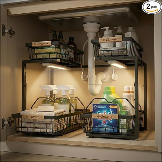 Under Sink Organizer with Motion-Activated LED Lights, 2 Pack, 2 Tier Sliding L-Shaped Carbon Steel Rack with Adjustable Height, Dividers & Hooks (Black) by Clutterix