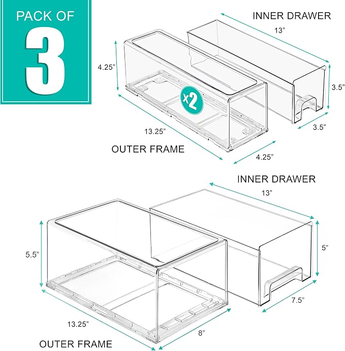 Sorbus 1 Large & 2 Small Clear Stackable Storage Drawers – Plastic Organizer Bins with Handles – Stackable Pull-Out Storage Drawers for Closet, Pantry, Office, Bathroom, Craft, and Toy Organization - Image 3
