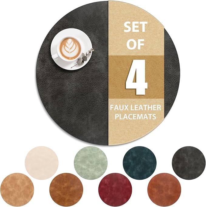 ADRIMER Placemats, Heat Resistant Round Placemats Set of 4 Washable, Waterproof Table Mats, Wipeable Faux Leather Place Mats for Kitchen, Dining Room, Dark Grey by Adrimersdreamistobeanindispensablecompanioninyourlife