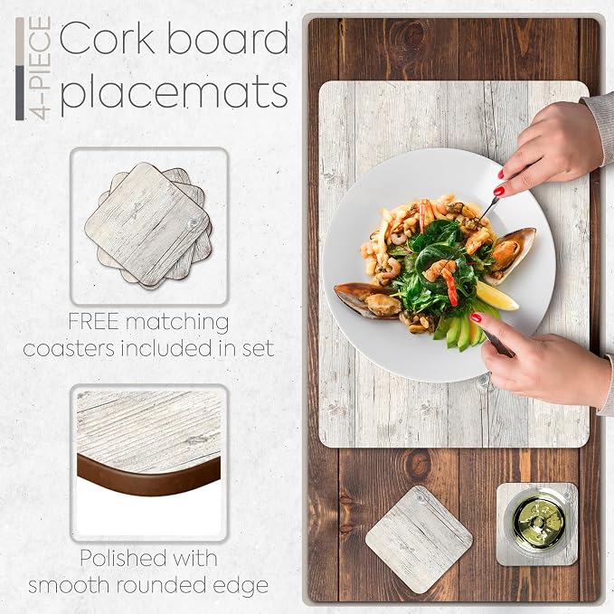 Set of 4 Heat Resistant Cork Placemats for Dining Table with Free Set of 4 Matching Drink Coasters Cork Wood Design Print 16 x 12 Inches Cork Backed Hard Placemats (White Driftwood) - Image 4