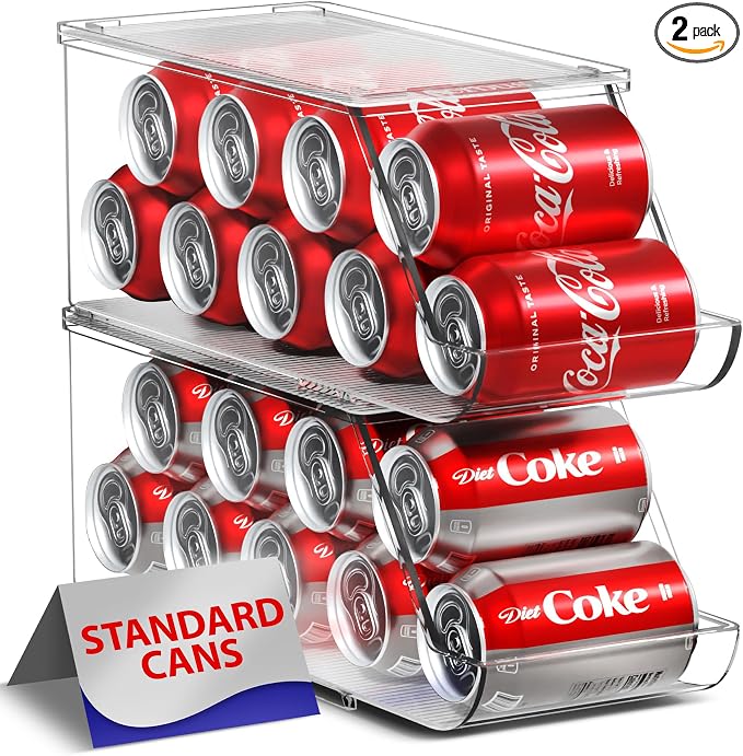 Sorbus Soda Can Organizer for Refrigerator - Stackable Holder Dispenser With Lid for Fridge, Pantry, Freezer - Holds 9 Cans Each, BPA-Free, Clear Design, Drink Organizer (2-Pack) by Sorbus
