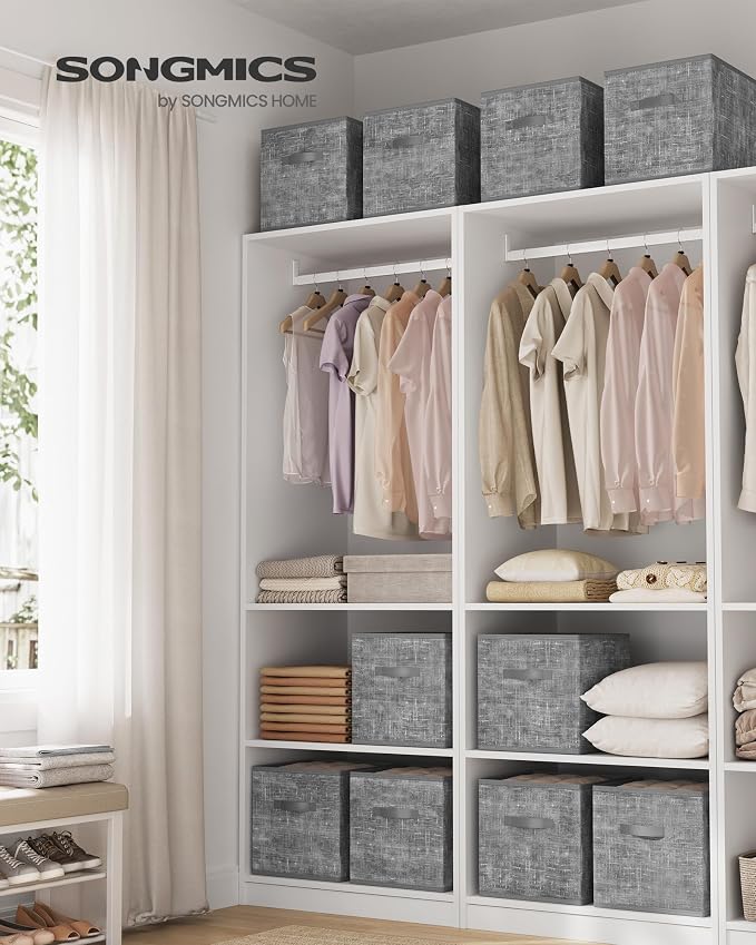 SONGMICS Storage Cubes, 13 x 13 x 13 Inches Non-Woven Fabric Bins with Double Handles, Set of 10, Closet Organizers for Shelves, Foldable, for Clothes, Cattail Gray UROB133G01 - Image 2