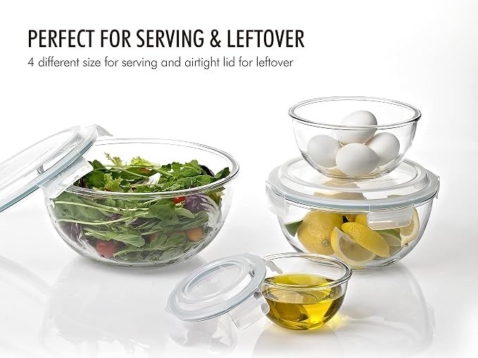 Glasslock Mixing Bowl with Latching Lids 8-Pieces Set – Airtight, Leakproof, BPA Free Lids, Nesting, Meal Prep, Baking, Salad, Food Storage & Serving Bowl, Microwave, Fridge & Freezer, Dishwasher Safe - Image 5