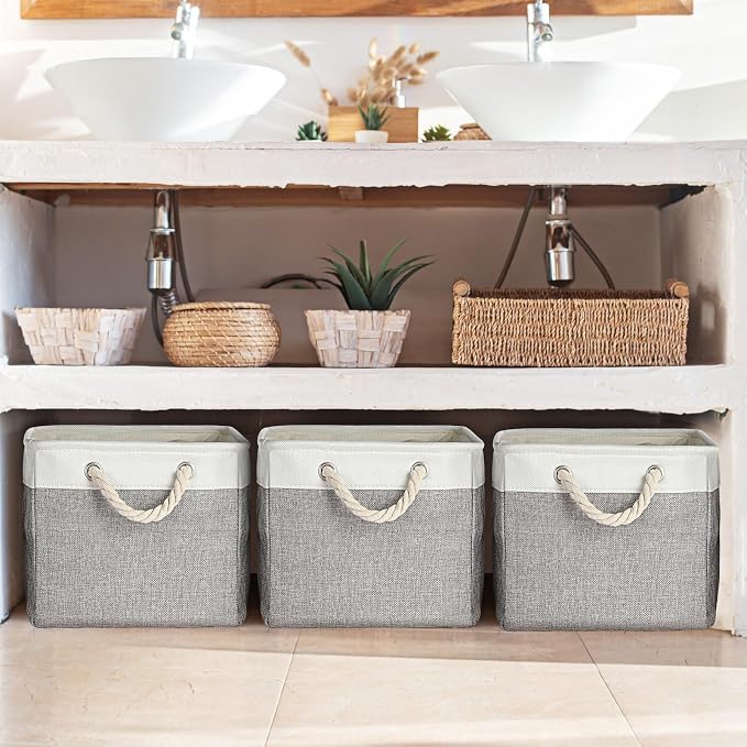 meekoo 8 Pack Collapsible Storage Bins Fabric Storage Bins Polyester Fabric Baskets with Handles Linen Closet Organizer for Shelf Home Closet Towels Toys(17 x 12 x 15 in,Gray White) - Image 6