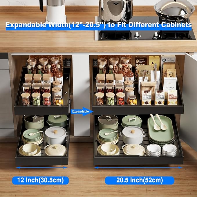 MUSTORN 2 Pack Pull Out Cabinet Organizer Expandable, 21"Deep Slide Out Drawer for Cabinets Adhesive Pull Out Drawers Heavy Duty Pull Out Shelves for Kitchen, Cupboard, Pantry, Bathroom(Black) - Image 3