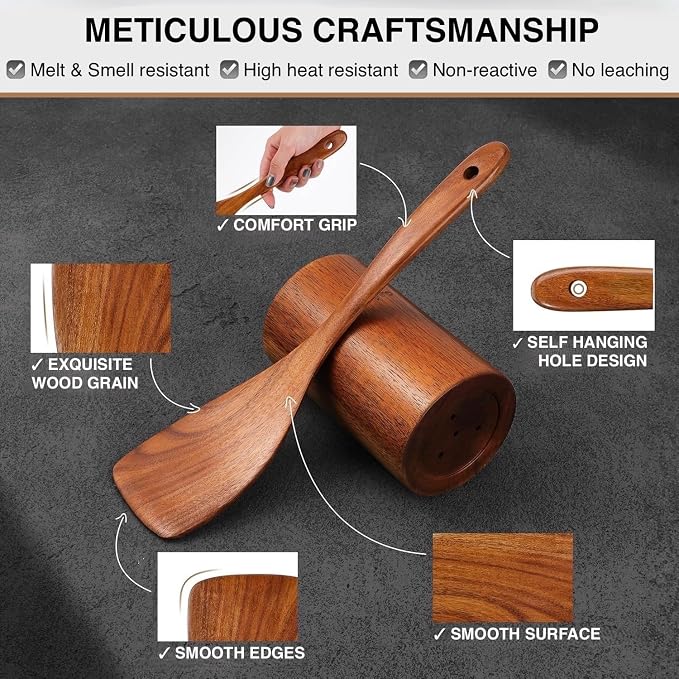 Wooden Spoons for Cooking -10 Pcs Cooking Utensils Set with Smooth Finish, Durable Teak Wood Kitchen Utensils Set, Nonstick Cooking Utensils, Lightweight, Heat-Resistant, Comfort Grip Kitchen Utensils - Image 3