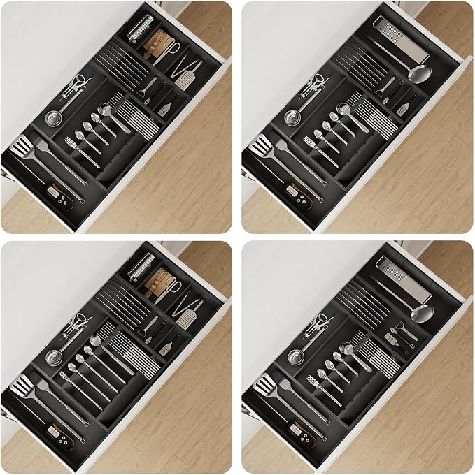 Bamboo Silverware Drawer Organizer, 17.72-29.53 Inch Expandable Large Kitchen Drawer Organizer, 5-8 Slot Flatware with Removable Card Slots & Knife Block for Spoon Butter Knive, Black - Image 5
