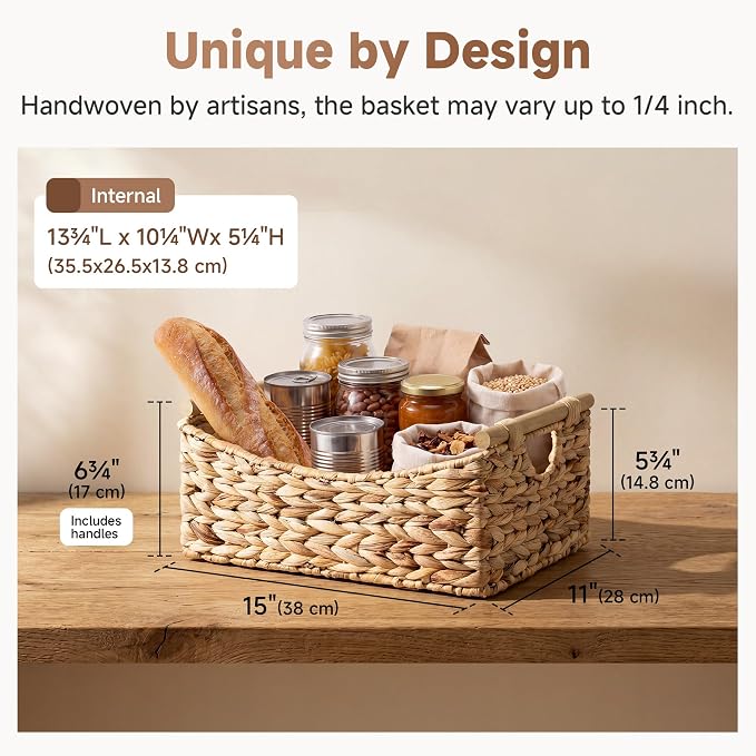 StorageWorks Large Wicker Baskets for Organizing,Pantry Storage Bins,1-Pack | Water Hyacinth Storage Baskets with Handles, Woven Baskets for Storage,Baskets for Pantry,Wicker Basket Large,15" x 11" x 6¾" - Image 2