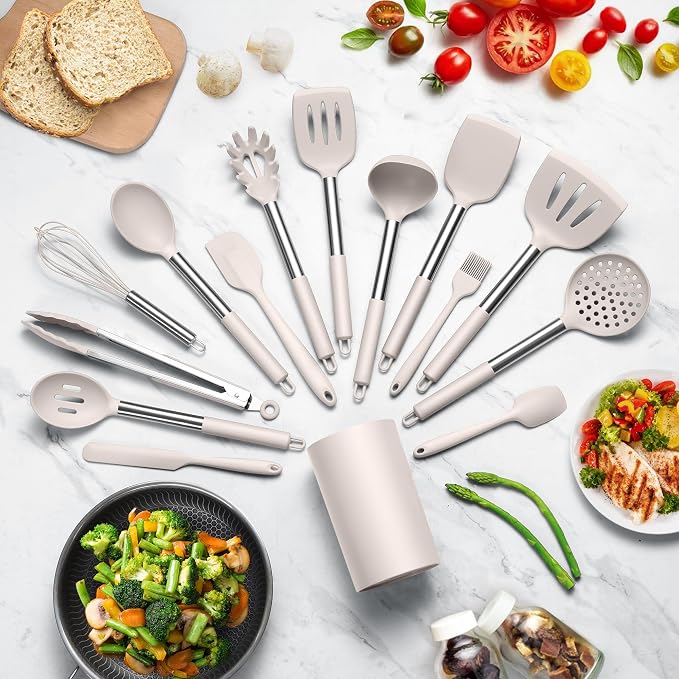 LIANYU 15 Pcs Cooking Utensils Set, Silicone Kitchen Tools with Holder | Heat Resistant, Kitchen Gadgets with Stainless Steel Handle, Brush Spatula Spoon Whisk for Cookware, Dishwasher Safe, Khaki - Image 6