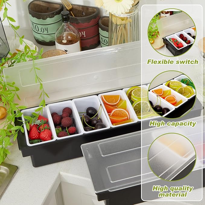 2 Pcs Bar Fruit Caddy with Lid Salad Condiment Server Black Plastic Garnish Tray Ice Chilled Condiment Caddy for Home Restaurant Bartending Serving Veggie Taco Salad Party Supplies(6 Compartments) - Image 3