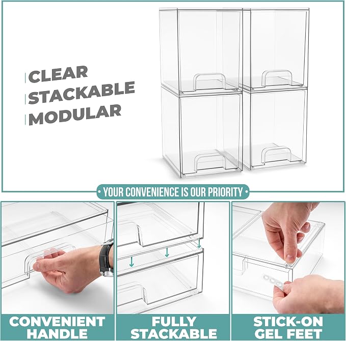 Sorbus Stackable Acrylic Storage Drawers, 4 Pack Clear Plastic Organizer Bins for Baby Bottles, Makeup, Bathroom, Vanity & Kitchen Countertop Organization, Pull-Out Drawer Design for Cabinets & Pantry - Image 5