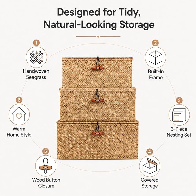 Square Handwoven Seagrass Wicker Storage Baskets with Lids, Set of 3 | Attached lids and internal iron frames help each basket hold its shape; compatible with IKEA KALLAX cube shelving. - Image 6