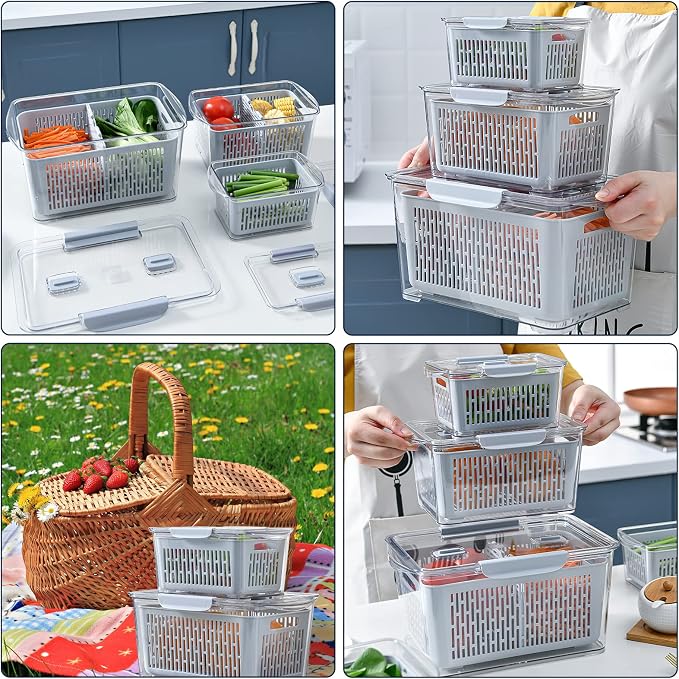 Fistone Fresh Produce Fruit Vegetable Storage Containers 3Piece Set, BPA-Free Fridge Storage Container with Lid & Colander, Fridge Organizers, Keep Fresh for Produce,Fruit and Vegetable - Image 7