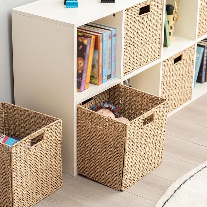Handwoven Paper Woven Cube Basket Organizer with Handles set of 4 Foldable Storage baskets for Bedroom Living Room Cubby Storage Units for Clothes Books Toys (Natural, 13" L x 13" W x 13" H) - Image 3