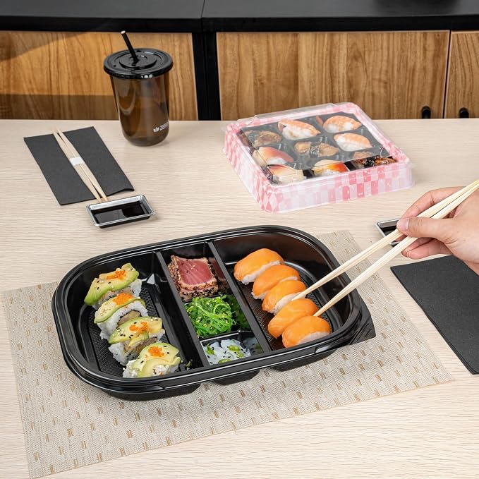 Restaurantware-Bento Tek 50.7 Ounce Meal Prep Containers, 100 Disposable To Go Food Boxes - Lids Sold Separately, 5 Compartments, Black Plastic Bento Lunch Boxes, Freezable, For Take Out - Image 5